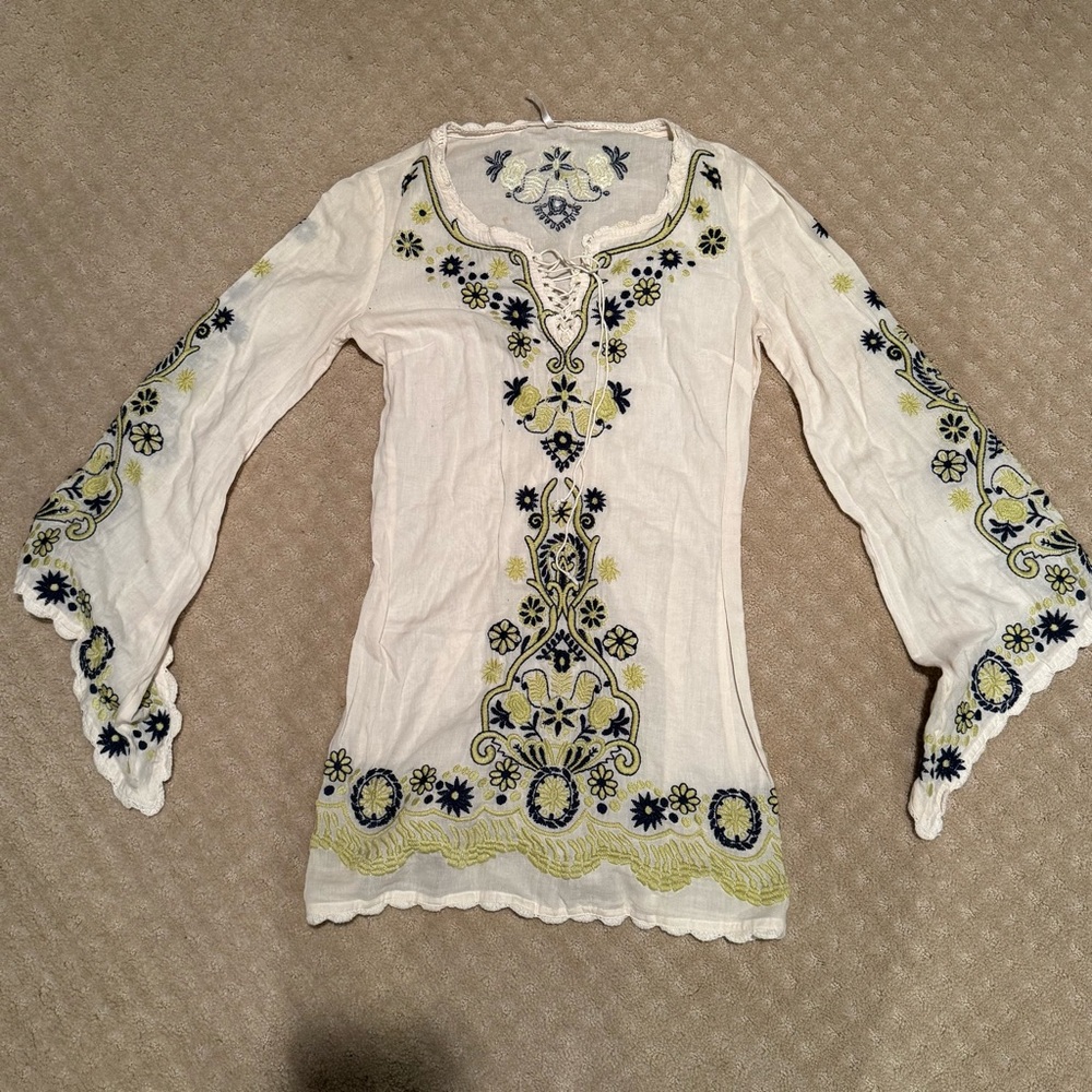 Free People Ivory Floral Embroidered Flared Sleeve Tunic Top/ Mini Dress